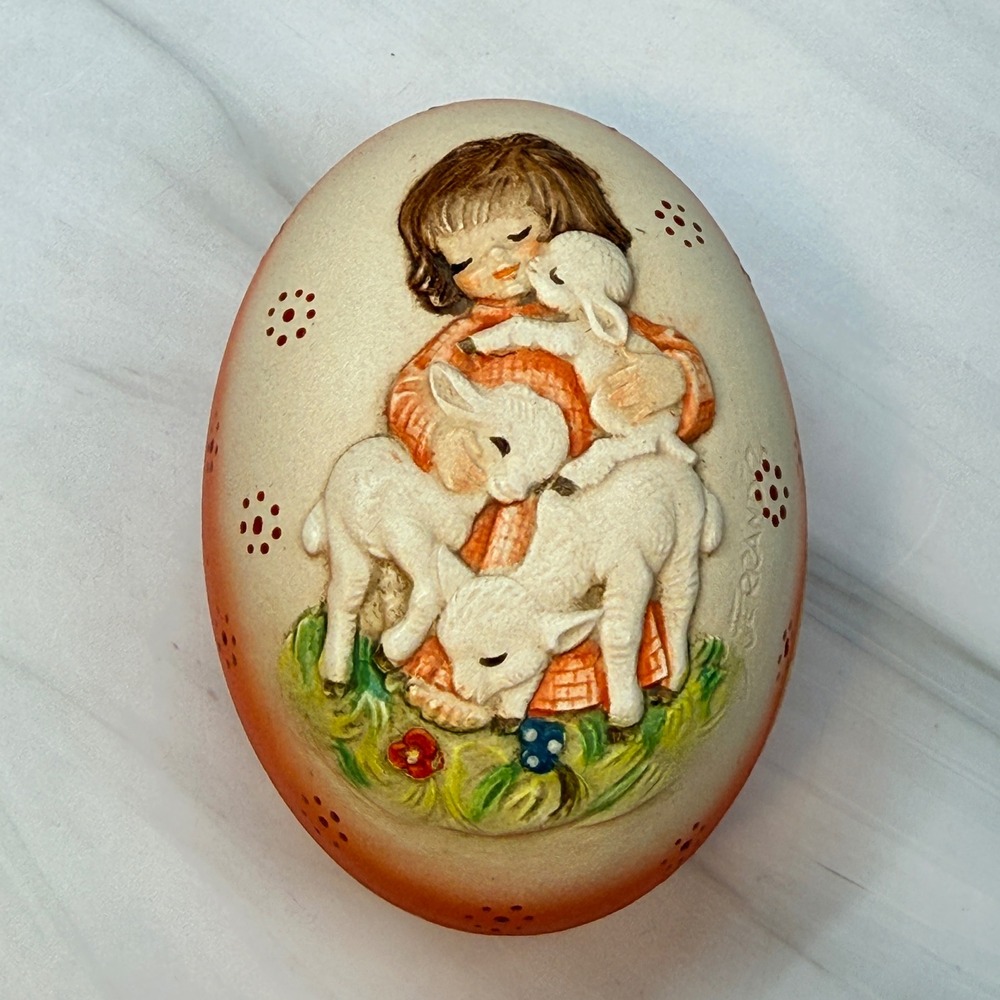 Vintage Anri Italy Ferrandiz Girl with Lambs Egg Trinket Box Orange Hard Plastic